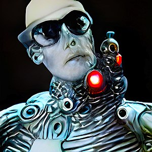 A mostly black-and-white image of a cyborg version of Hunter S. Thompson staring at the camera with his head cocked to the side.