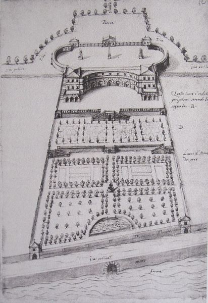 Vue en biais du château prévu par Catherine de Médicis.