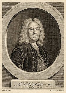 Line engraving of a pudgy late-middle-aged man from the 18th century, wearing a full wig, velvet jacket, waistcoat and cravat, looking through a faux-architectural roundel, above a plinth bearing his name: Mr Colley Cibber, Anno Ætatis 67