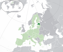 Location of Estonia (dark green) – in Europe (green & dark grey) – in the European Union (green)  –  [Legend]