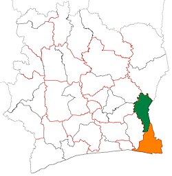 Location of Indénié-Djuablin Region (green) in Ivory Coast and in Comoé District