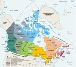A geopolitical map of Canada, exhibiting its ten provinces and three territories