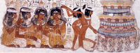 Tomb fresco depicting dancers and musicians in elaborate wigs with head cones. Thebes, Egypt, 18th Dynasty.[3]
