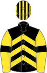 Black, yellow chevrons, yellow sleeves, black armlets, black and yellow striped cap
