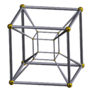 Deux cubes reliés par leurs sommets, l'un à l'intérieur de l'autre.