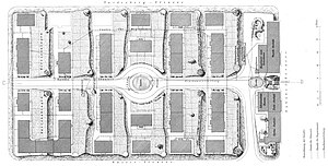 Lageplan, 1869. → Lageplan um 90 Grad gedreht.