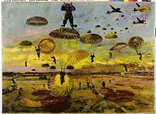 Peinture à l'huile. Vue aérienne d'un ciel rempli de soldats sautant en parachute dans les champs en contrebas. Les avions d'où ils ont sauté s'envolent dans le coin supérieur droit de la composition, et le soleil se lève dans le ciel à l'arrière-plan, donnant au ciel une teinte jaune.