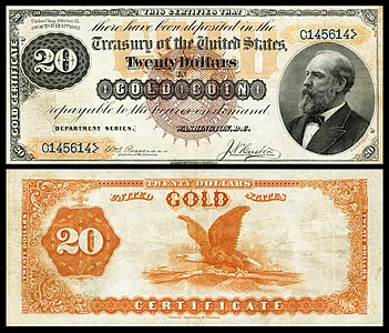 Twenty-dollar gold certificate from the series of 1882, by the Bureau of Engraving and Printing