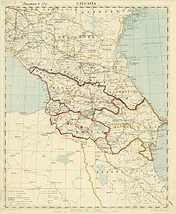 A 1918 map of the Caucasus by the British Army. The highlighted sections show the successor states of the TDFR, which claimed roughly the same territory.[1]