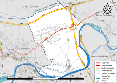 Carte en couleur présentant le réseau hydrographique de la commune