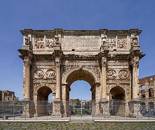 The Arch of Constantine in Rome, built in 312–315 AD to commemorate Emperor Constantine's victory over Maxentius at the Battle of Milvian Bridge in 312 AD