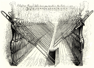 Caricatura que amosa dúas fileiras de trombóns cara a cara. A extremidade da corredeira do primeiro descende por unha trapela
