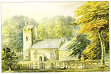 Old Bicton Church, Bicton, Devon, 1795, viewed from south. Watercolour by Rev. John Swete (1752–1821) with caption: "Bicton Church, 31 March 1795". Devon Record Office, 564M/F8/26