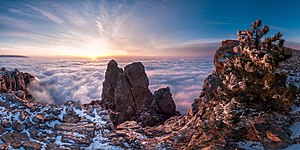 Panorama of the winter dawn on Ai-Petri mountain. Crimea (Ukrainian territory de facto controlled by Russia) Photo by