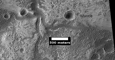 Channels, as seen by HiRISE under HiWish program. Some parts of the image show mantle and others show no mantle covering the surface.