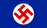 Flag of the Parti National Socialiste Chretien du Canada, a blue flag featuring a white circle in the centre charged with a red swastika