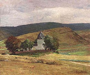 Church in Alendorf. Behind: the Kalvarienberg (painting by Fritz von Wille)