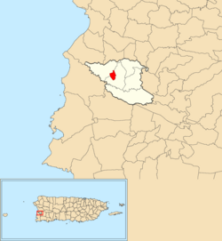 Location of Hormigueros barrio-pueblo within the municipality of Hormigueros shown in red