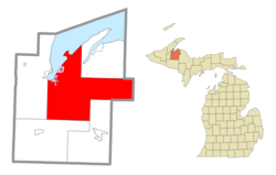 Location within Baraga County and the administered village of L'Anse (1) and the CDP of Zeba (2)