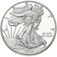 The obverse of the American Silver Eagle, a silver bullion coin in current production, from a design by Adolph A. Weinman