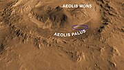 Curiosity's landing site is on Aeolis Palus near Mount Sharp in Gale Crater – north is down.