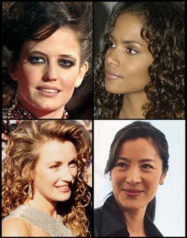 Quelques actrices qualifiées de « James Bond girls » :(dans le sens horaire en partant du haut à gauche)Eva Green (Vesper Lynd dans Casino Royale)Halle Berry (Jinx dans Meurs un autre jour)Michelle Yeoh (Wai Lin dans Demain ne meurt jamais)Jane Seymour (Solitaire dans Vivre et laisser mourir).