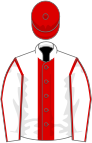 White, red stripe, red seams on sleeves, red cap