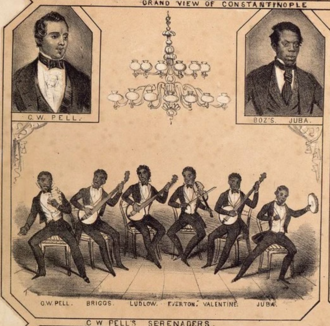 Affiche en noir et blanc montrant un groupe de musiciens noirs en train de jouer au centre, avec deux encarts comportant des portraits, dont celui de de William Henry Lane, en haut à droite et à gauche.