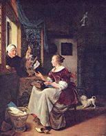 A young lacemaker is interrupted by a birdseller who offers her ware through the window, 1672-3.