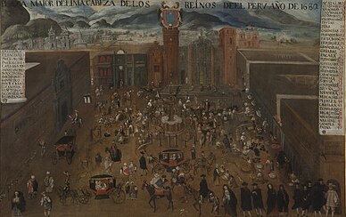 The unfinished cathedral of Lima in the Plaza Mayor, painting of 1680. Museo de América (Madrid).[25]