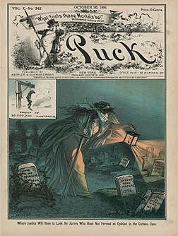 Capa da revista Puck de 1881 retratando a personificação da justiça (Iustitia) tentando encontrar jurados neutros para o julgamento de Charles J. Guiteau, o assassino do presidente dos Estados Unidos James A. Garfield. Puck foi a primeira revista de humor de sucesso nos Estados Unidos de cartoons coloridos, caricaturas e sátira política das questões do dia. Foi fundada em 1876 como uma publicação em língua alemã por Joseph Keppler, um cartunista nascido na Áustria. A primeira edição em inglês foi publicada em 1877, cobrindo questões como a Tammany Hall de Nova Iorque, política presidencial e questões sociais do final do século XIX ao início do século XX. (definição 3 887 × 3 887)