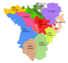 Détail d'une carte indiquant les différentes régions historiques du Béarn.