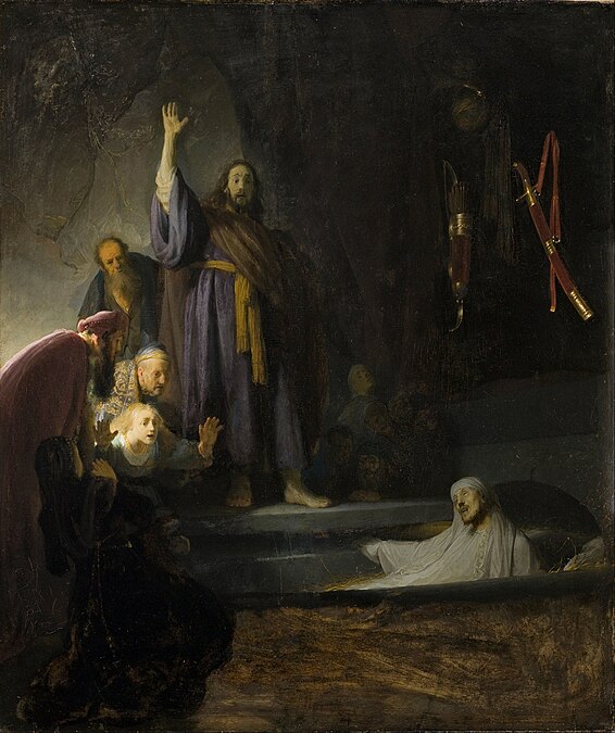 This painting by Rembrandt, The Raising of Lazarus, shows the culmination of the miracles listed in the Gospel of John: Jesus showing his power over death, just before his crucifixion. It is a new featured picture.