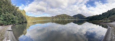 Panorama of Lake Rotopounamu from Ten Minute Beach