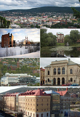 Vy över innerstaden med Stenstaden och Södra Stadsberget, Mittuniversitetet och Selångersån, Hovrätten för Nedre Norrland vid Bünsowska tjärnen, Norrporten Arena och Gustav Adolfskyrkan, Sundsvalls teater, Kulturmagasinet.