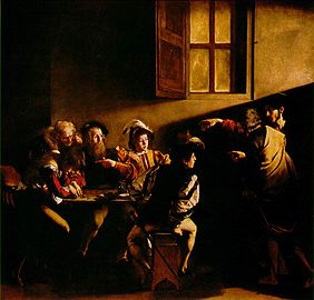 La vocación de San Mateo, Caravaggio, h. 1599-1600, iglesia de San Luis de los Franceses (Roma), Roma.