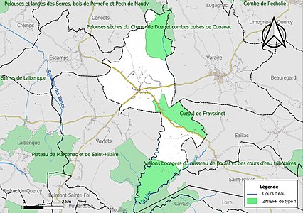 Carte des ZNIEFF de type 1 sur la commune.