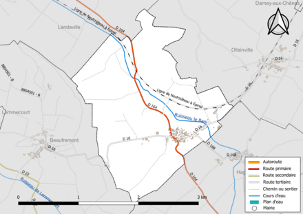 Carte en couleur présentant le réseau hydrographique de la commune