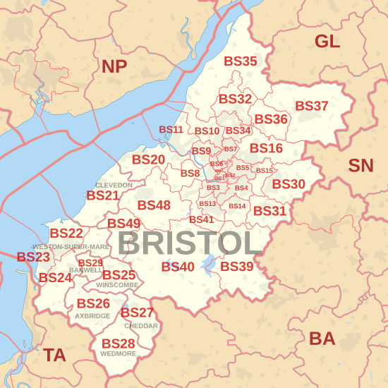 BS postcode area map, showing postcode districts, post towns and neighbouring postcode areas.