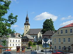 Square with Church of Saint George and birth house of Thaddäus Haenke (far right)