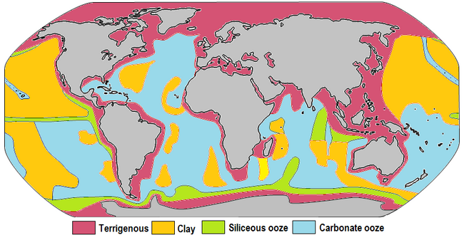Distribution of sediment types on the seafloor Within each colored area, the type of material shown is what dominates, although other materials are also likely to be present. For further information, see here