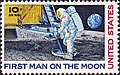 1969 stamp by Paul Calle showing an astronaut stepping from the lunar module onto the moon