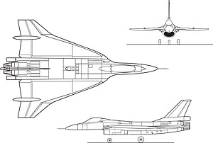 Orthographically projected diagram of an F-16XL