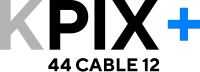 Two lines of text in a bolded sans serif. The top line has the letter "K P I X +", with the "K" colored light gray, "P I X" colored black, and the "+" colored light blue. The smaller bottom line of text, colored black, reads "44 CABLE 12" and is aligned with "P I X".