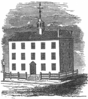 Engraving of a three-story structure with a stoop and a cupola