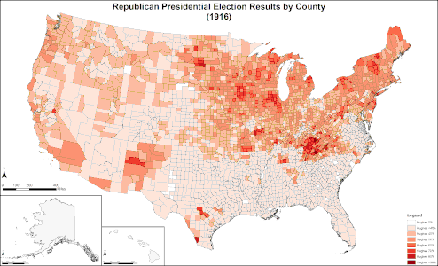 Results by county, shaded according to percentage of the vote for Hughes