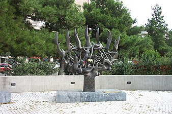 Menorah in flames, Holocaust memorial in Thessaloniki