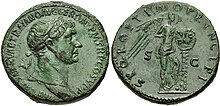 pièce de monnaie en métal verdâtre ; d'un côté, un homme jeune, de profil, ceint de laurier, entouré d'inscriptions ; sur l'autre, un personnage debout, près d'un objet non identifiable.