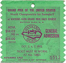 Photo d'un ticket d'entrée du Grand Prix des États-Unis 1973 valable sur trois jours.