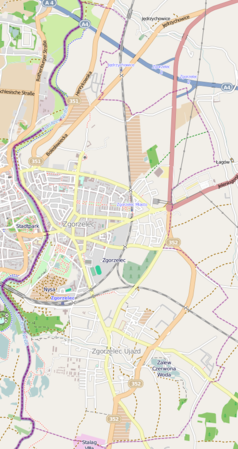 Mapa konturowa Zgorzelca, w centrum znajduje się punkt z opisem „Zgorzelec Miasto”